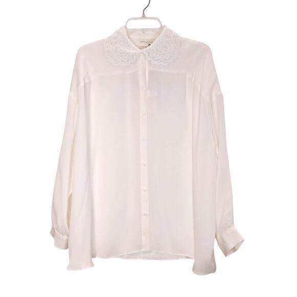 Divine Heritage Pure Silk Blouse Lace Collar Button Down Ivory Womens Size M NWT - Picture 1 of 6